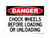 Chock Wheels Before Loading Or Unloading, OSHA Danger Sign (Part#: DAN1288)
