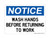 Wash Hands Before Returning To Work, OSHA Notice Sign (Part#: NOT1655)