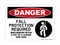 Fall Protection Required When Working Within 8 Feet Of A Leading Roof Edge (Harness Symbol), Danger Sign
