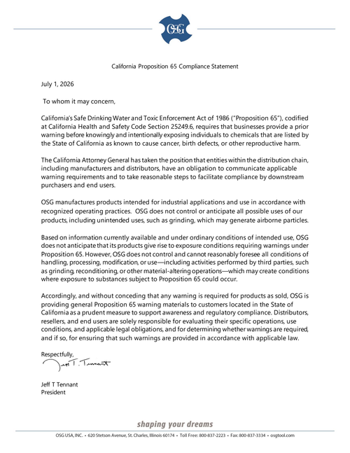 800425CA - OSG MSDS - PROP 65 LETTER