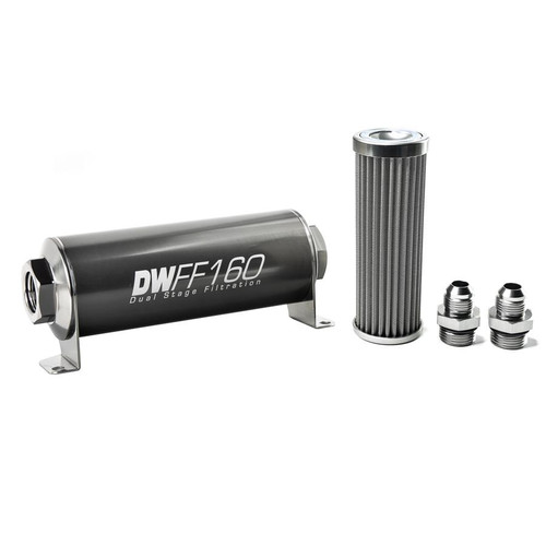 [PN: 8-03-160-100K] DW Universal In-line fuel filter element and housing kit, stainless steel 100 micron,-8AN,160mm