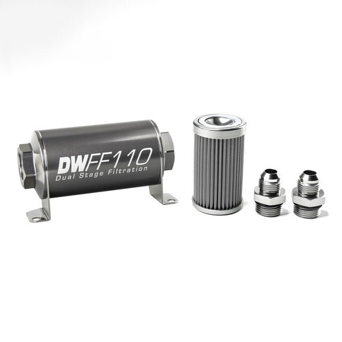 [PN: 8-03-110-100K-8] DW Universal In-line fuel filter element and housing kit, stainless steel 100 micron,-8AN,110mm