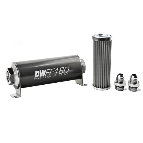 [PN: 8-03-160-100K-8] DW Universal In-line fuel filter element and housing kit, stainless steel 100 micron,-8AN,160mm