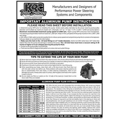 [PN: 29116811] KRC Pro Series III Aluminum Power Steering Pump 9.6CC with 17 Spline and Threaded Shaft for Pulley