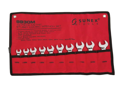 [PN: 9930m] SUNEX Tools 10 PC. METRIC STUBBY FULL POLISH COMBINATION WRENCH SET