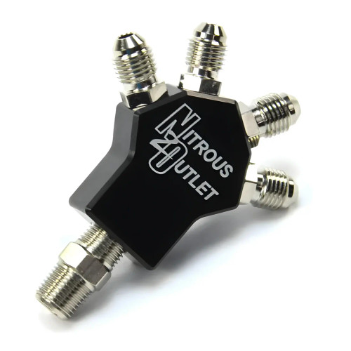 [PN: 50-01725] Powersports 1 In 4 Out Distribution Block w/Fittings (1/8" NPT Male Inlet & 3AN Male Outlets)