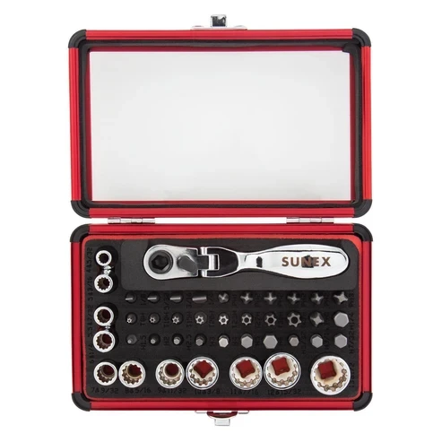 [PN: 9732] SUNEX Tools 44 Pc 1/4" Dr Mini Dual Flex Head Ratchet w/Socket & Bit Set