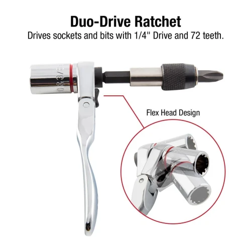 [PN: 9732] SUNEX Tools 44 Pc 1/4" Dr Mini Dual Flex Head Ratchet w/Socket & Bit Set