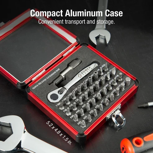 [PN: 9732] SUNEX Tools 44 Pc 1/4" Dr Mini Dual Flex Head Ratchet w/Socket & Bit Set