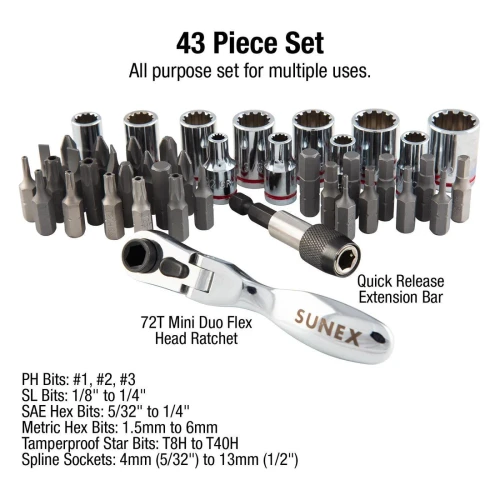 [PN: 9732] SUNEX Tools 44 Pc 1/4" Dr Mini Dual Flex Head Ratchet w/Socket & Bit Set
