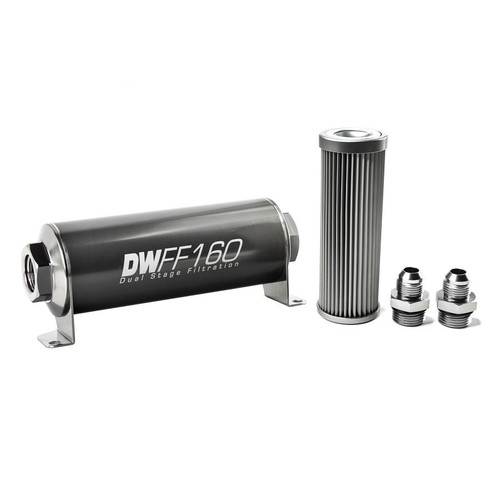 [PN: 8-03-160-010K-8] DW Universal In-line fuel filter element and housing kit, stainless steel 10 micron,-8AN,160mm