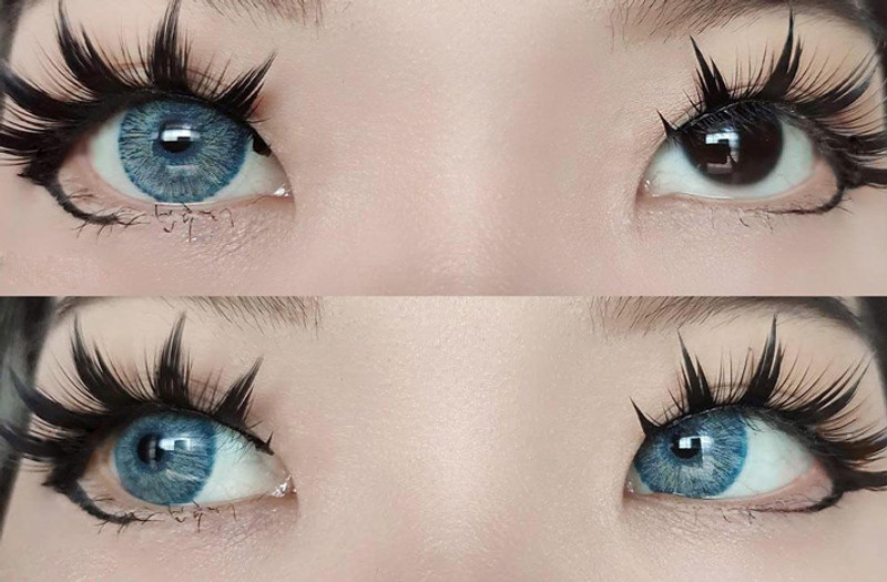 Before and after Urban Layer Blue Rain hand painted effect colored contact lens over dark brown eyes