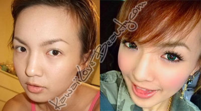 What circle lenses look like on a girl wearing green circle lenses, before and after.