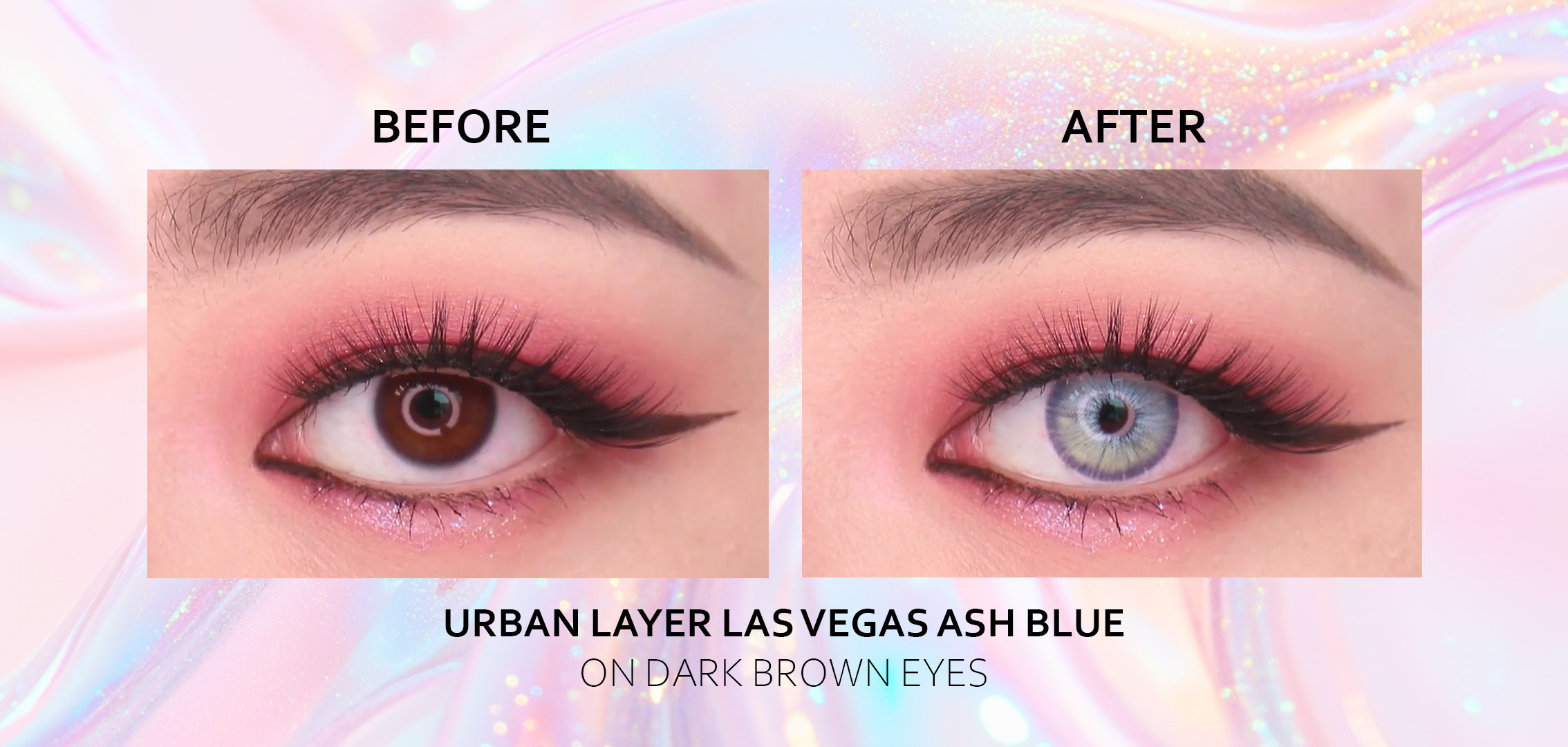 Before and after comparison of wearing bright colored contacts on dark brown eyes, showing the transformation to vibrant, doll-like eyes. Available at an online store in the USA, featuring Japanese makeup and Ulzzang/Korean Uljjang styles with fast shipping across the United States.