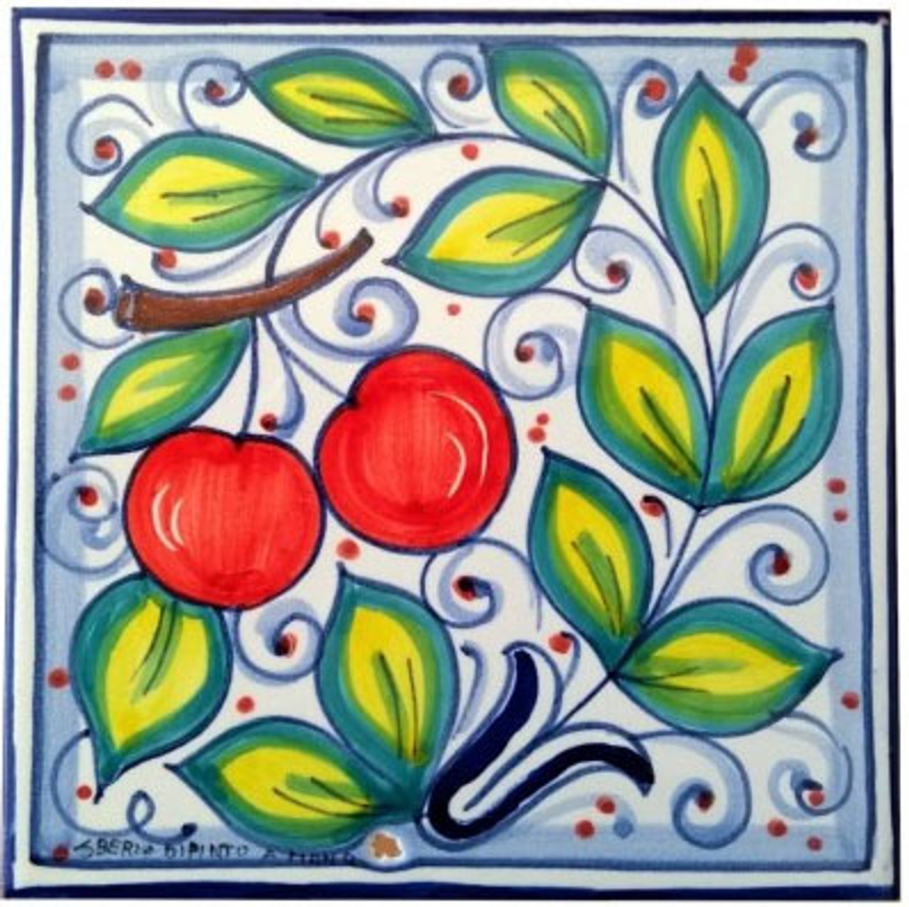 Tuscan Fruit Cherries Italian Ceramic Tile Made In Deruta Italy