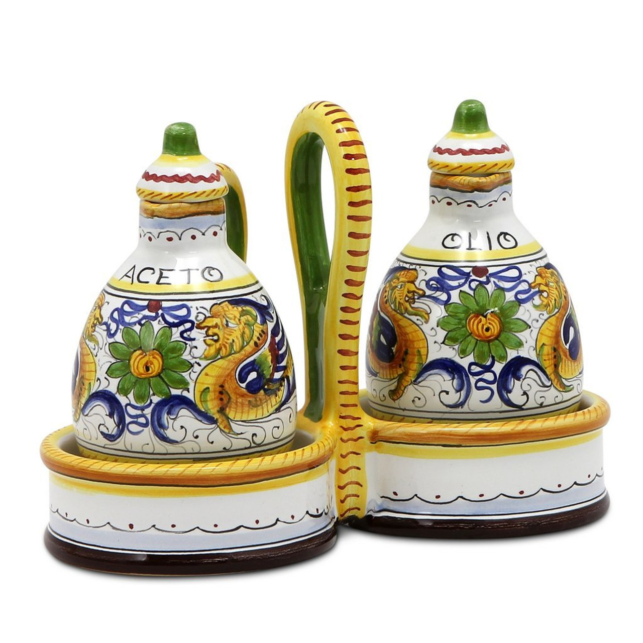 Italian Ceramic Oil And Vinegar Cruets Set With Caddy Raffaellesco