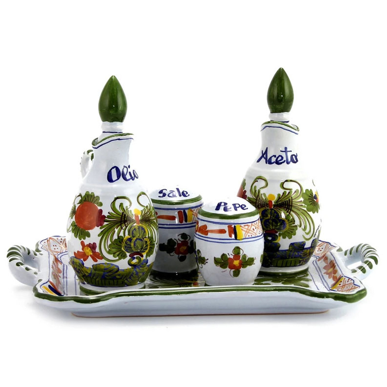 Italian Ceramic Oil And Vinegar Cruets Set With Caddy Faenza