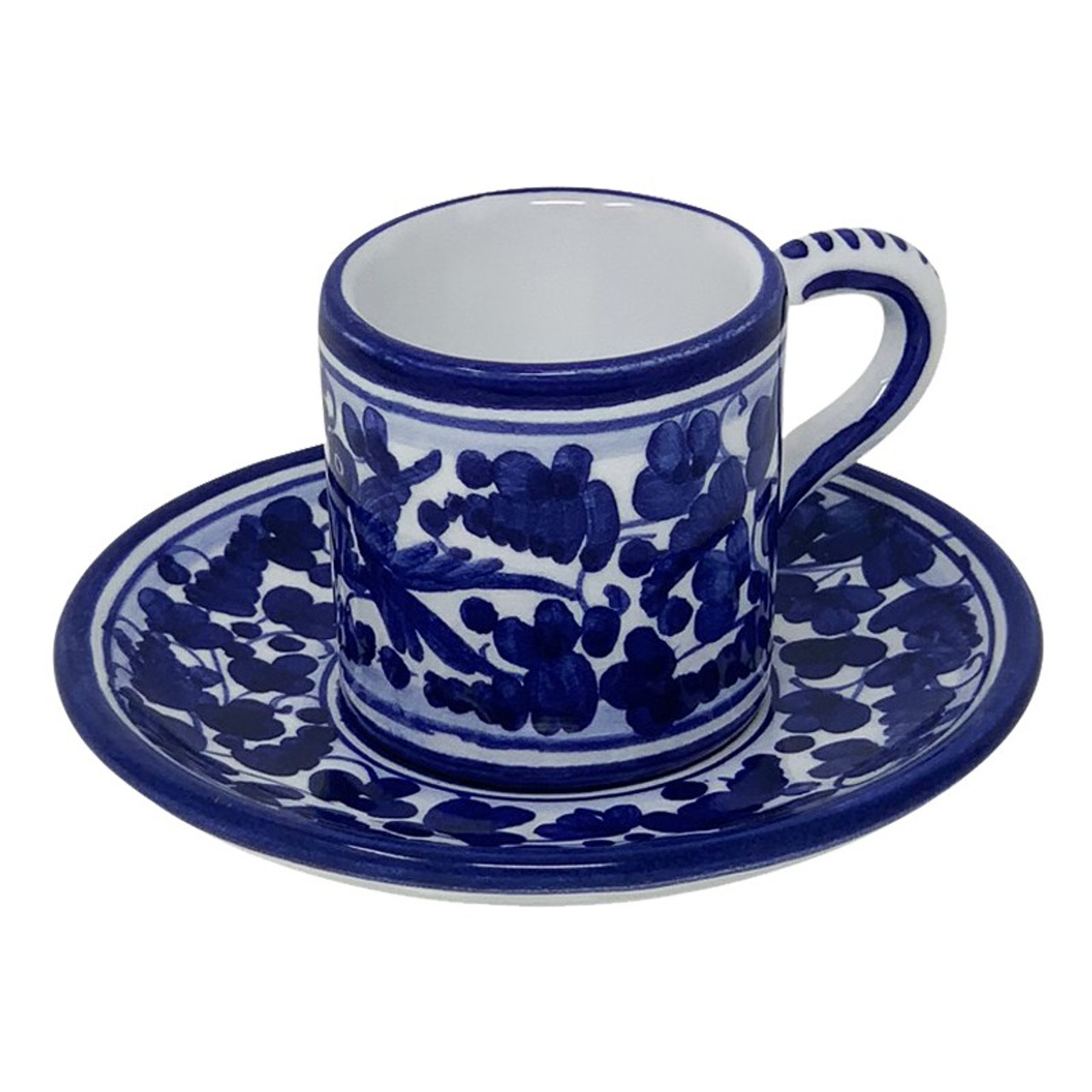 Pottery Cappuccino Cup and Saucer, Blue and White 