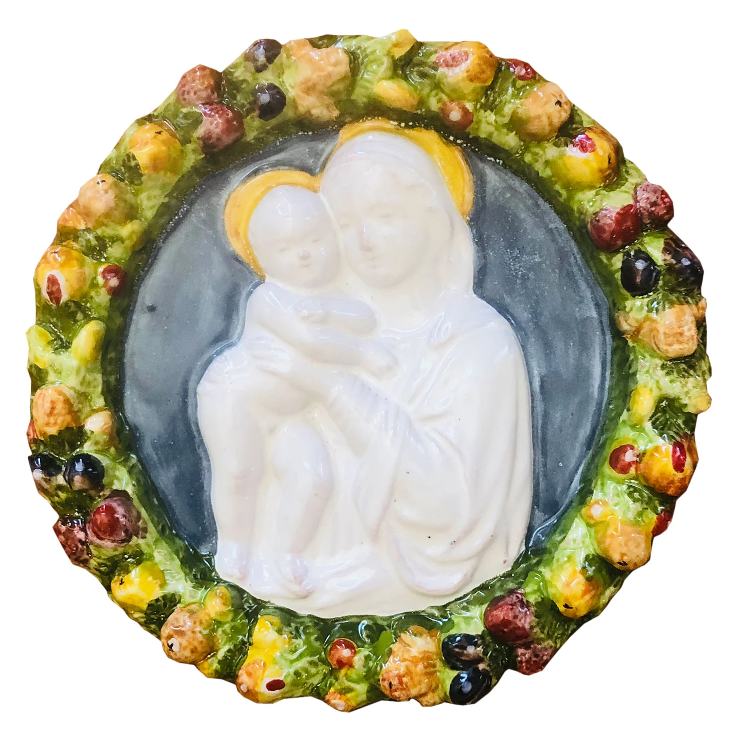 VINTAGE ITALY MAJOLICA POTTERY WALL PLAQUE RELIGIOUS BABY JESUS  Vintage Italian Majolica Holy Family Fruit Wreath Wall Plaque 6” Ceramic main image 1