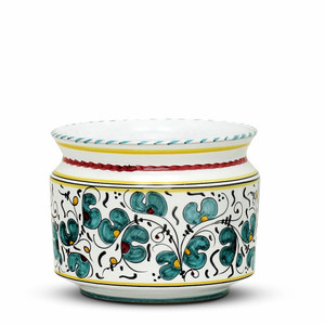 ORVIETO GREEN ROOSTER: Cylindrical Cover Pot - Cachepot Planter - Italian Ceramics