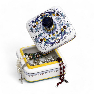 Italian Ceramic Jewelry Box w/ Murano Glass Knob - Square - Ricco Deruta