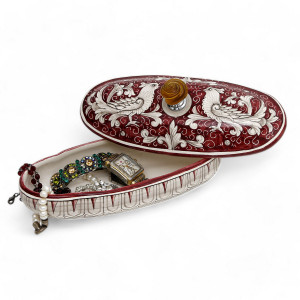 Italian Ceramic Jewelry Box w/ Murano Glass Knob - Oval - Deruta Fondo Rosso