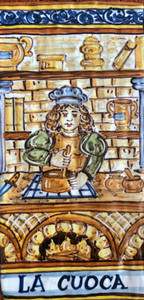 Cook Female Tile - LA CUOCA Italian ceramic tile. Hand painted Italian tile from Castelli, Italy. Cook Female Tile - LA CUOCA Italian ceramic tile. Hand painted Italian tile from Castelli, Italy.