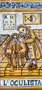 Eye Doctor Tile - L'OCULISTA Italian ceramic tile. Hand painted Italian tile from Castelli, Italy.