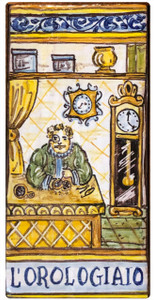 Clock Maker Tile - OROLOGIAIO Italian ceramic tile. Hand painted Italian tile from Castelli, Italy.