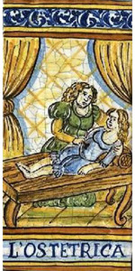 Obstetrician Tile - L'OSTETRICA Italian ceramic tile. Hand painted Italian tile from Castelli, Italy.