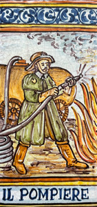 Firefighter Tile - Il Pompiere Italian ceramic tile. Hand painted Italian tile from Castelli, Italy. Firefighter Tile - Il Pompiere Italian ceramic tile. Hand painted Italian tile from Castelli, Italy.