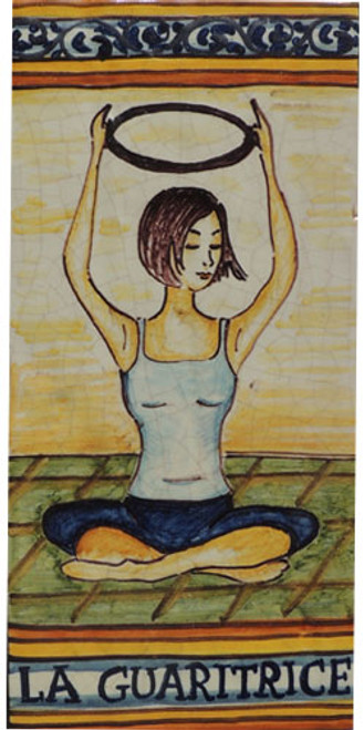 Pilates Tile -  La Guaritrice Italian ceramic tile. Hand painted Italian tile from Castelli, Italy.