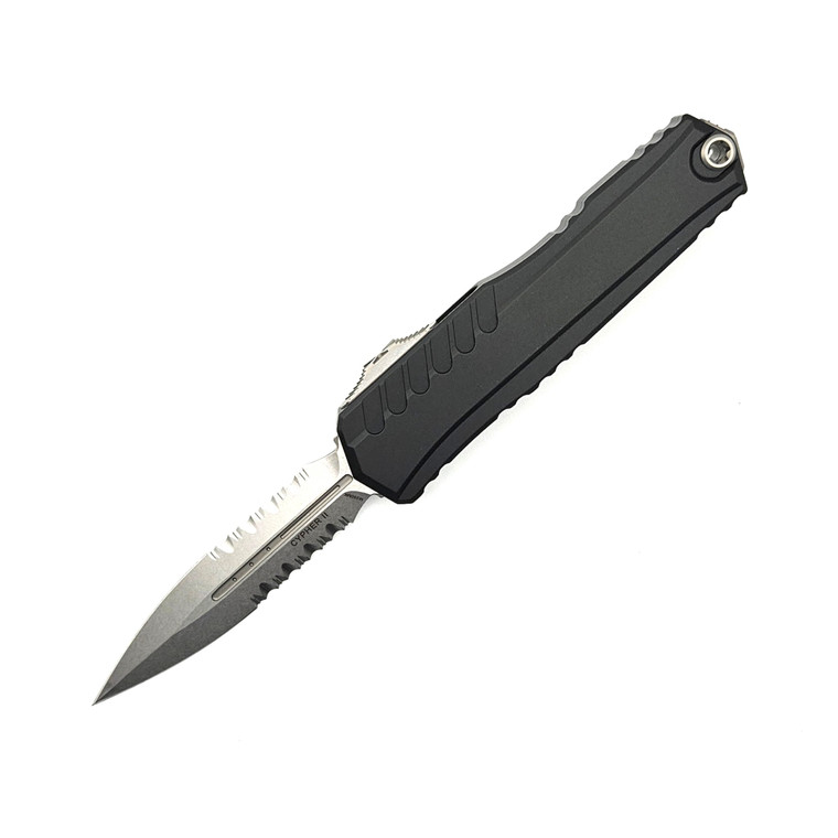 Microtech Cypher II D/E Stonewash Partial Serrated