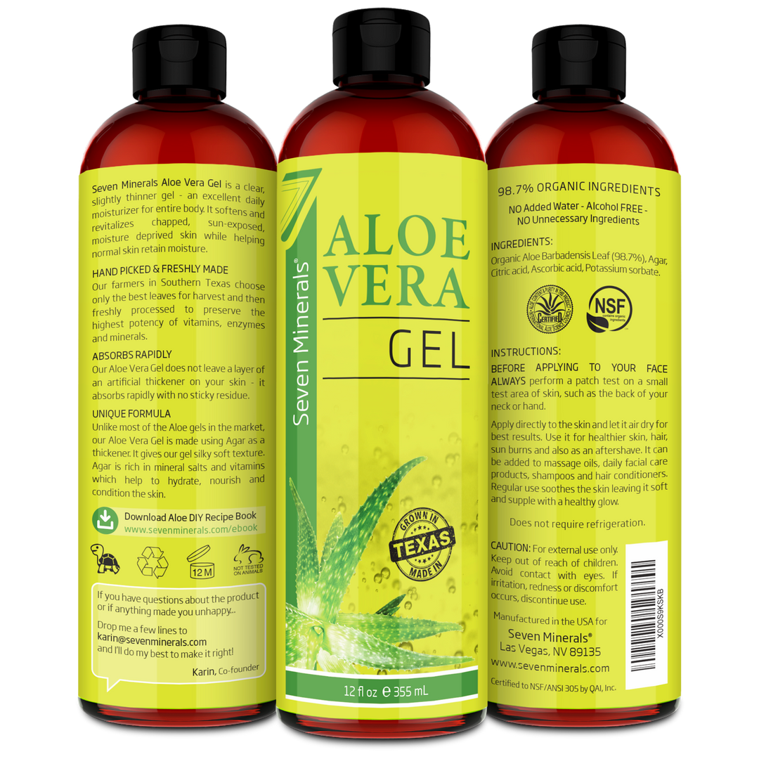Seven Minerals Organic Aloe Vera Gel 98.7% Natural Skin & Hair Care 12 oz