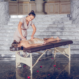 Master Massage Portable Massage Table, BALBOA, 30", Chocolate , In Use During Massage 