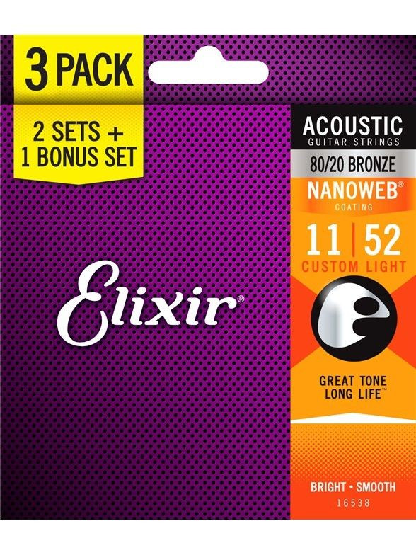 Elixir 80/20 Bronze Acoustic 11-52 Guitar Strings 3 For 2 Offer
