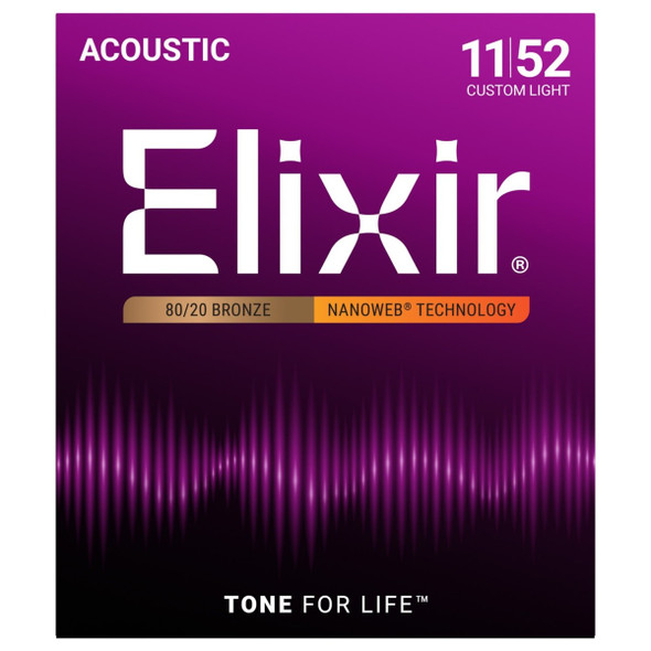Elixir Nanoweb Bronze  Acoustic Strings .011 - .052 Gauge, Custom Light