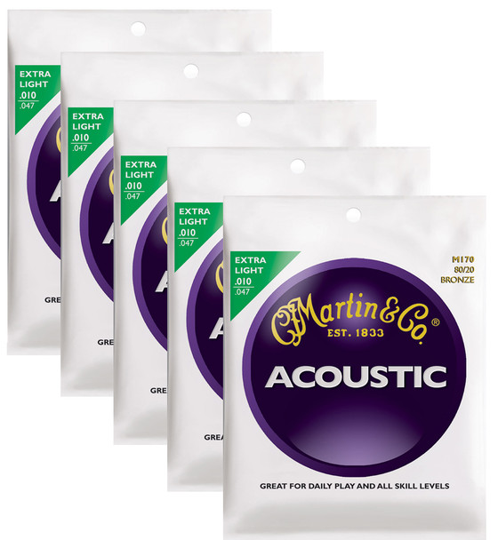 Martin M170 extra light bronze wound acoustic guitar string set ( 5 set deal )