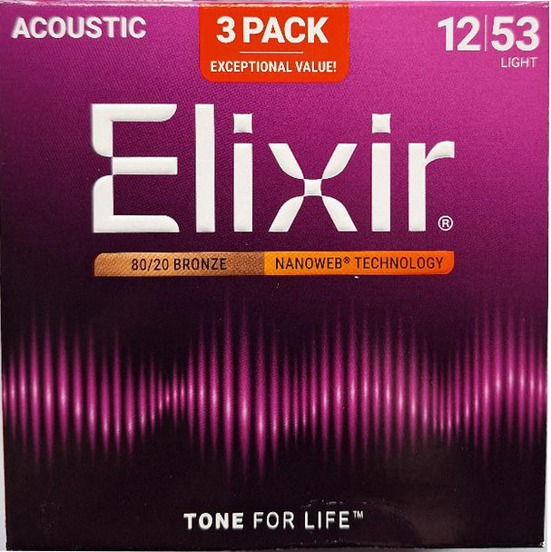 Elixir 80/20 Bronze Acoustic 12-53 Guitar Strings 3 For 2 Offer