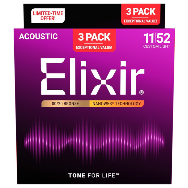 Elixir 80/20 Bronze Acoustic 11-52 Guitar Strings 3 Pack Offer Offer