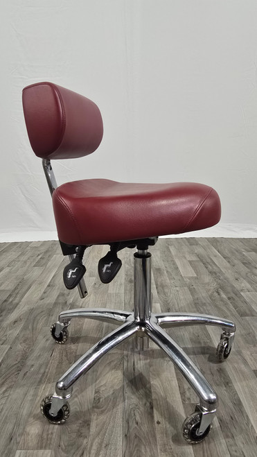 Actual BQE ergonomic doctor stool with backrest in burgundy upholstery