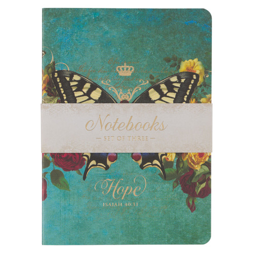 Introducing the Hope Grace and Be Still Secret Garden Butterfly Notebook Set. With vibrant colors and gold-foiled lettering, these 3-piece notebooks are perfect for journaling or organizing your thoughts. Each notebook features a soft cover and 64 lined pages.