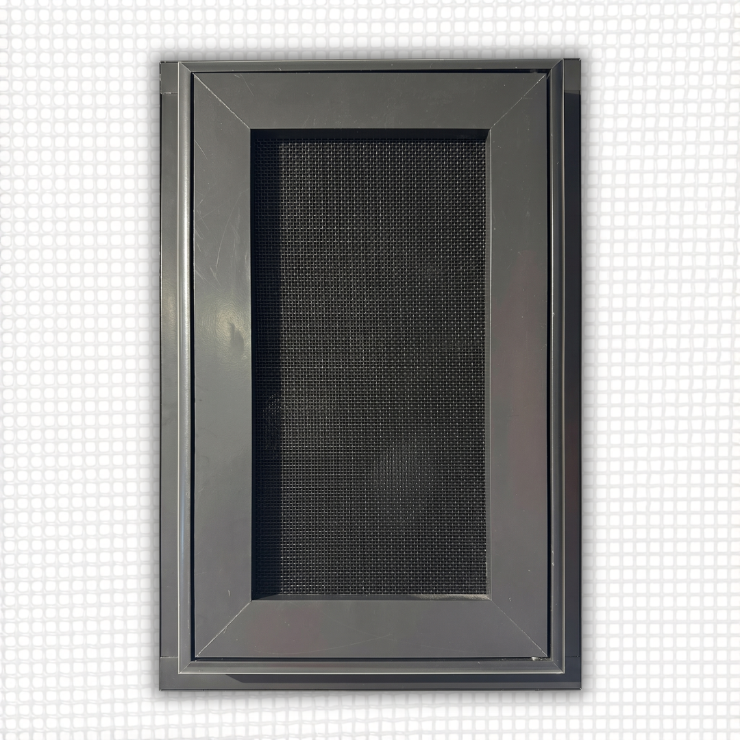 heavy-duty stainless steel security screen with screw-clamped frame on double-hung window