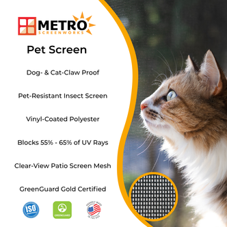 Pet screen features include heavy-duty vinyl-coated polyester mesh that’s dog- and cat-claw proof, blocks 55–65% of UV rays, and offers clear patio views. GreenGuard Gold certified and ideal for pet-safe screen door or enclosure applications.
