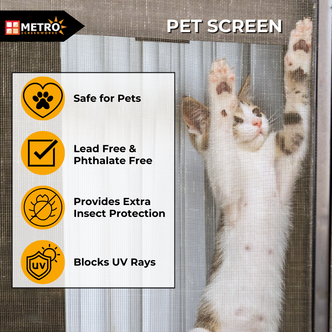 Pet screen benefits infographic with a cat stretching against the mesh. Highlights: safe for pets, lead- and phthalate-free, extra insect protection, and UV ray blocking.