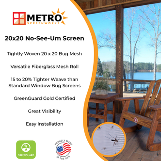 20x20 No-See-Um screen specifications highlighting tightly woven fiberglass mesh, .013 diameter strands, and charcoal color for enhanced insect protection in coastal or marshy areas.