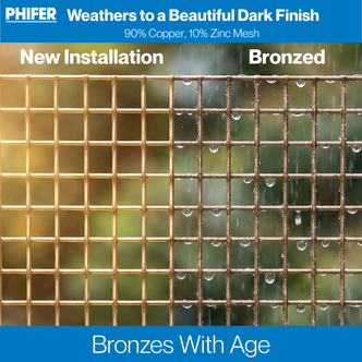 Close-up comparison of new bright bronze mesh and naturally bronzed aged finish, showing how copper-zinc screen mesh darkens over time.