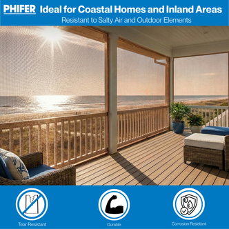 Oceanfront porch screened with Phifer Brite Bronze mesh demonstrating resistance to salty air, outdoor elements, and coastal weather conditions.