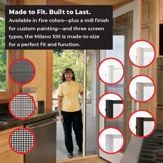 Graphic shows women standing in a retractable screen door in the kitchen explains frame options and mesh options