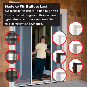 Milano 200 lifetstyle photo lady in the door with mesh and frame color options